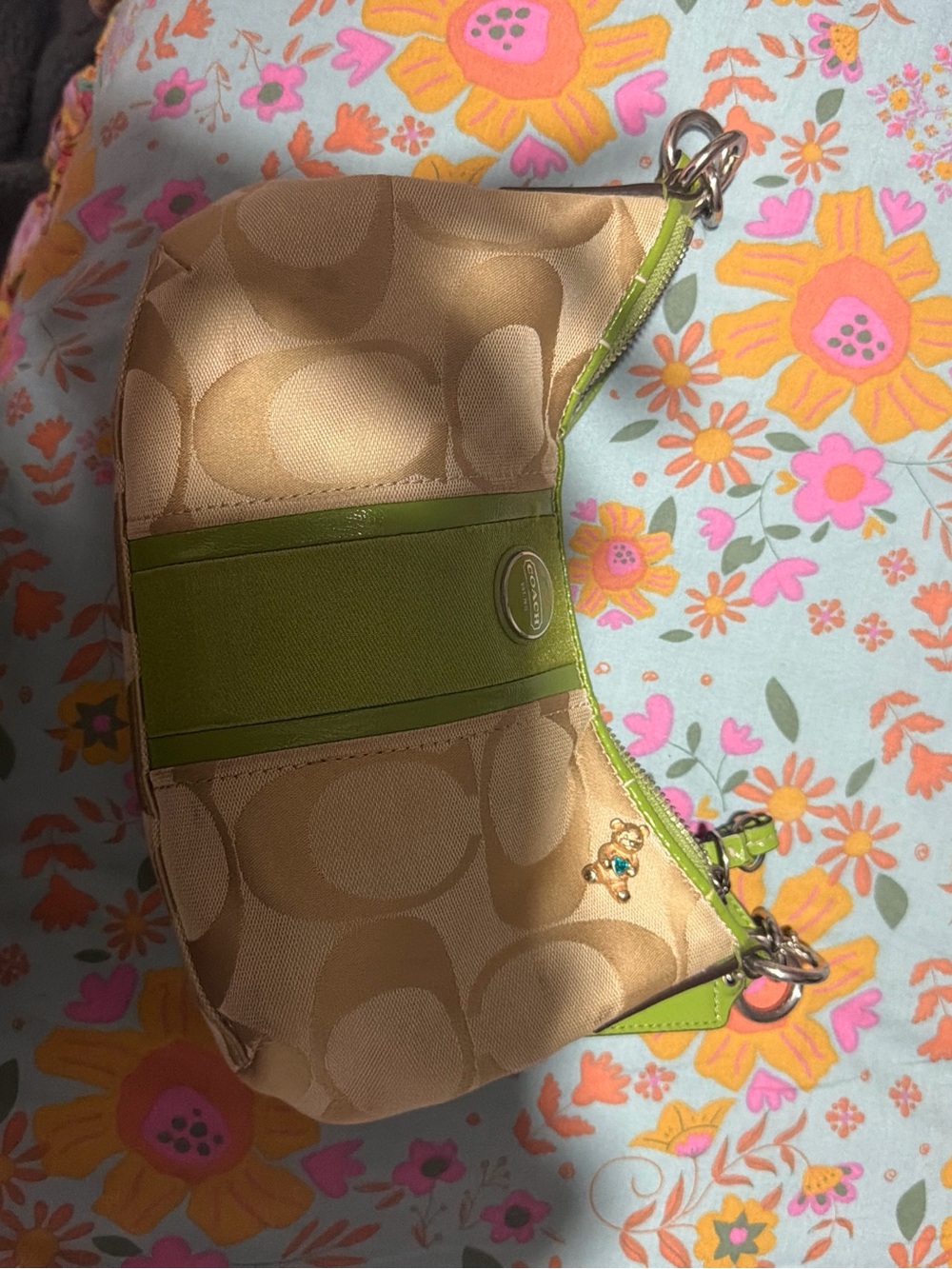 Coach Khaki Signature Shoulder Bag with Green Trim